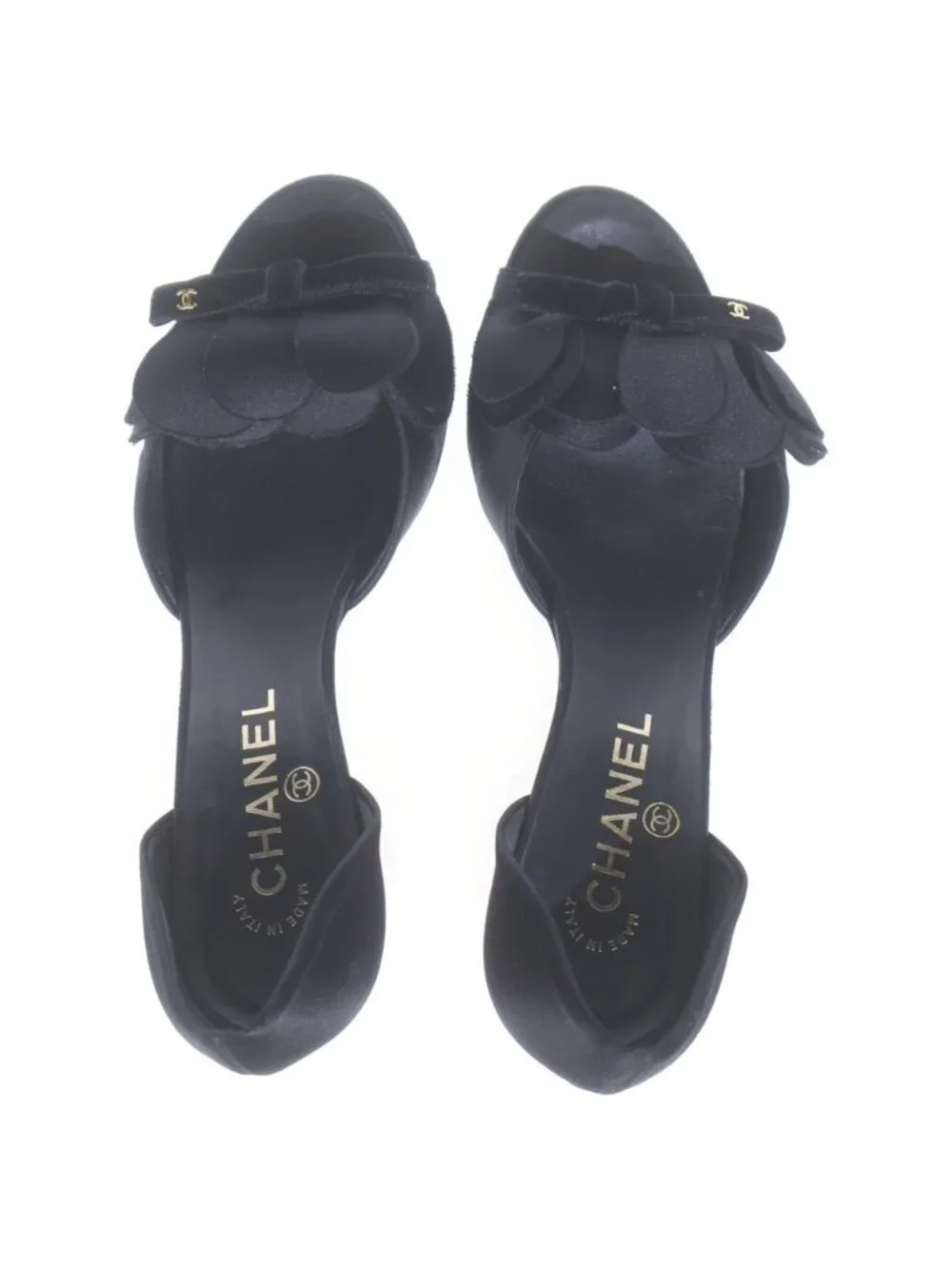 Chanel Camellia Ribbon Leather Open Toe Pin Heels Sandals Pumps Black 37